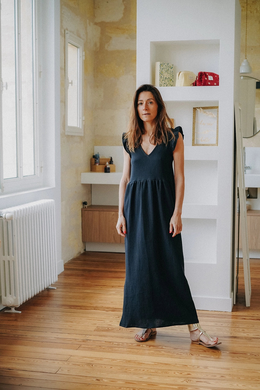 Robe longue en gaze de coton - Col V - CauSett – CAUSETT