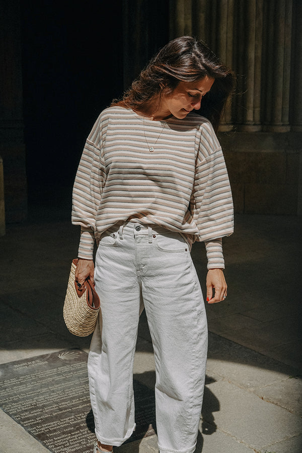 Sweat Marcel en maille rayée beige et écrue à fil métallisé argenté