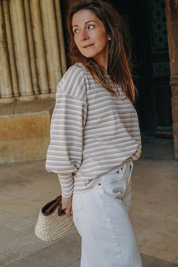 Sweat Marcel en maille rayée beige et écrue à fil métallisé argenté