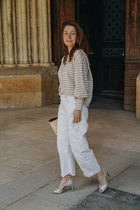 Sweat Marcel en maille rayée beige et écrue à fil métallisé argenté