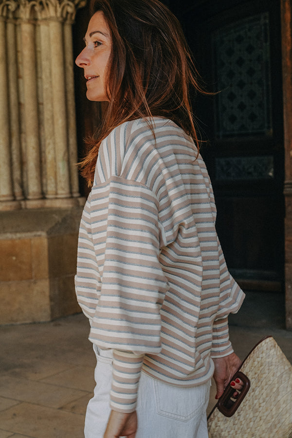 Sweat Marcel en maille rayée beige et écrue à fil métallisé argenté