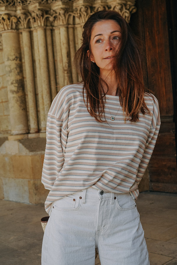 Sweat Marcel en maille rayée beige et écrue à fil métallisé argenté
