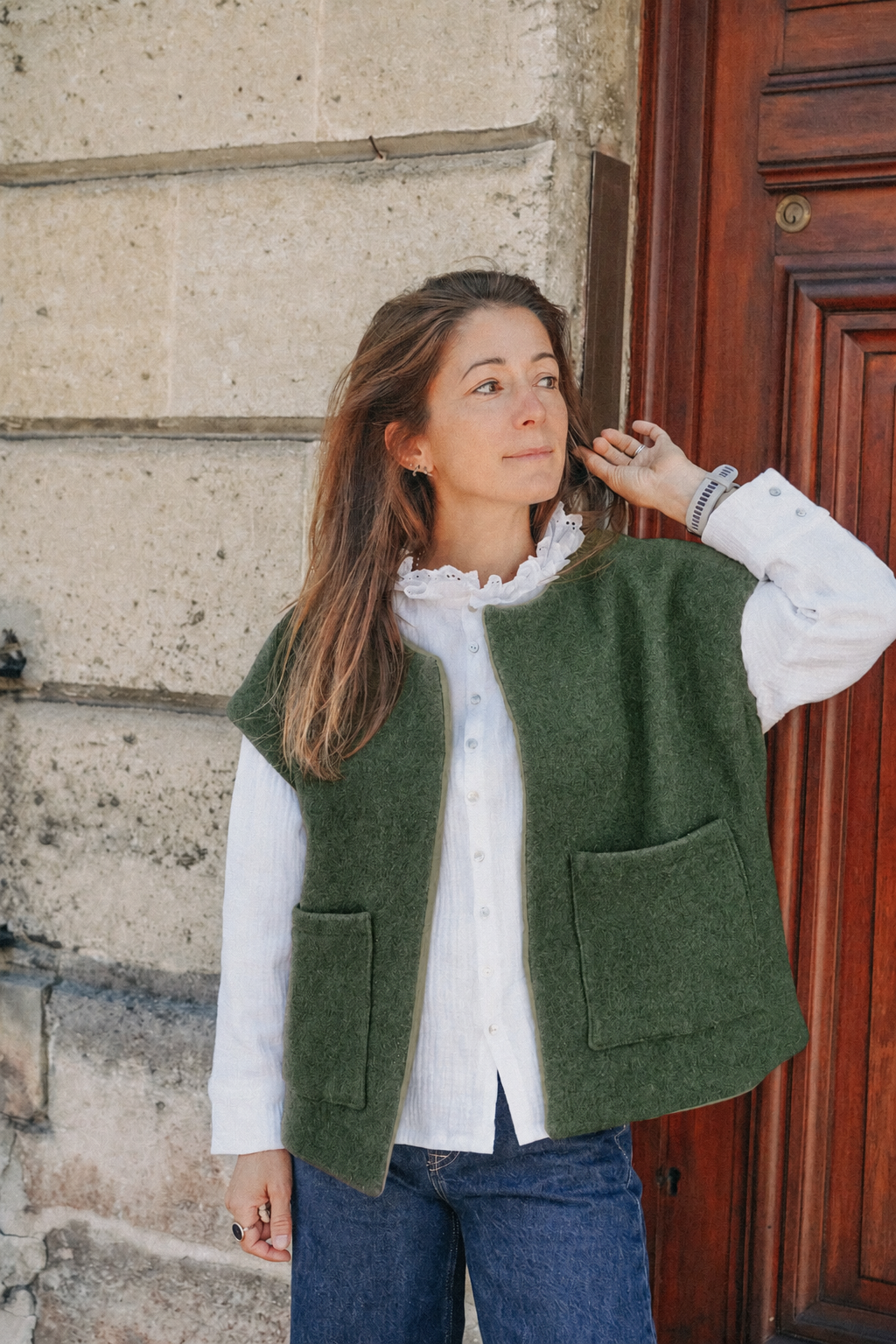 Gilet Garance Olive en laine bouillie vert olive, CauSett