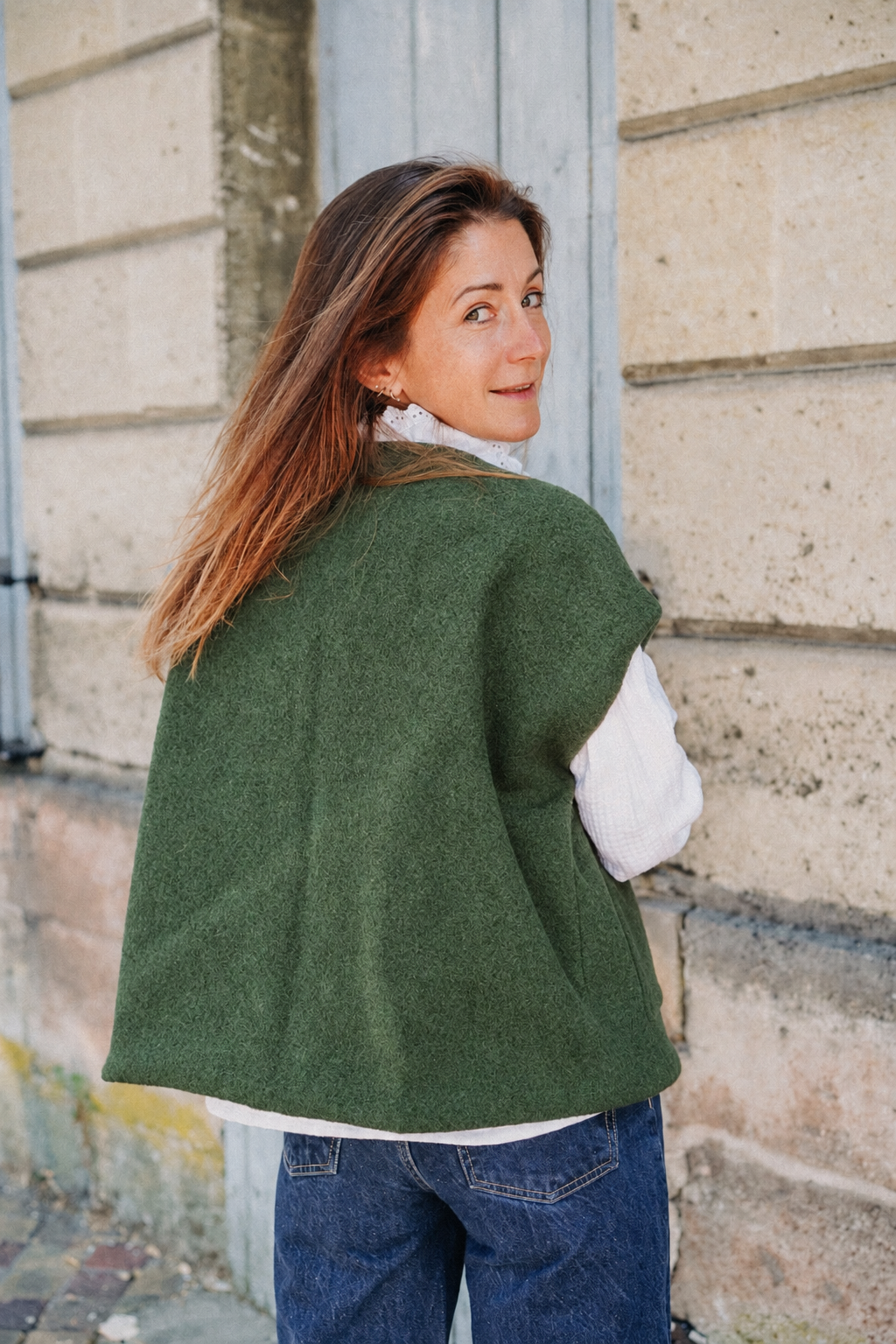 Gilet Garance Olive en laine bouillie vert olive, CauSett