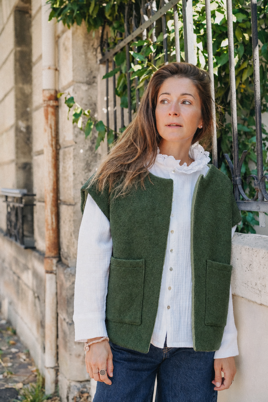 Gilet Garance Olive en laine bouillie vert olive, CauSett
