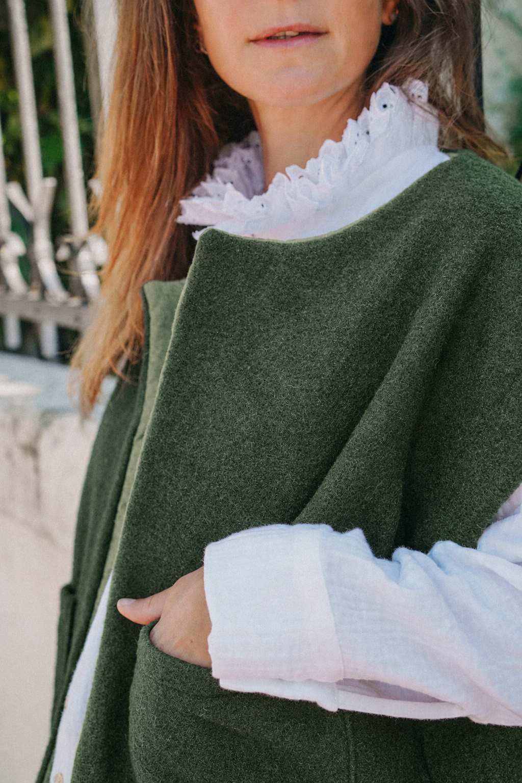 Gilet Garance Olive en laine bouillie vert olive, CauSett